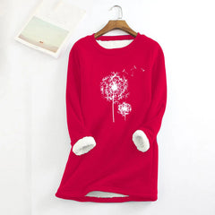 Women Casual Print Shirt Thick Fleece Lined Sweatshirt Winter Round Neck Warmth Padded Soft Fashion Pullover