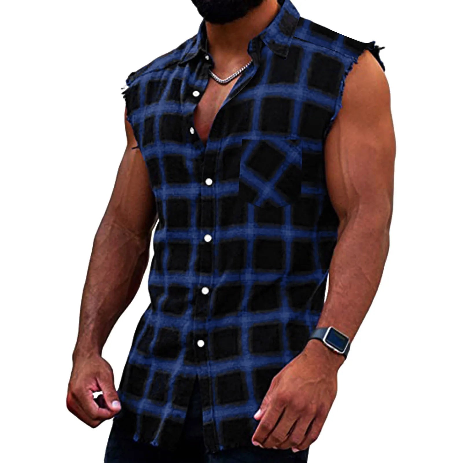 Men's Summer Fashion Casual Plaid Print Sleeveless T Shirt