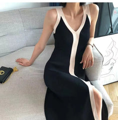 Fashion Women V-neck Maxi Dress Sling Sleeveless Dresses Knitted Long Dress Women