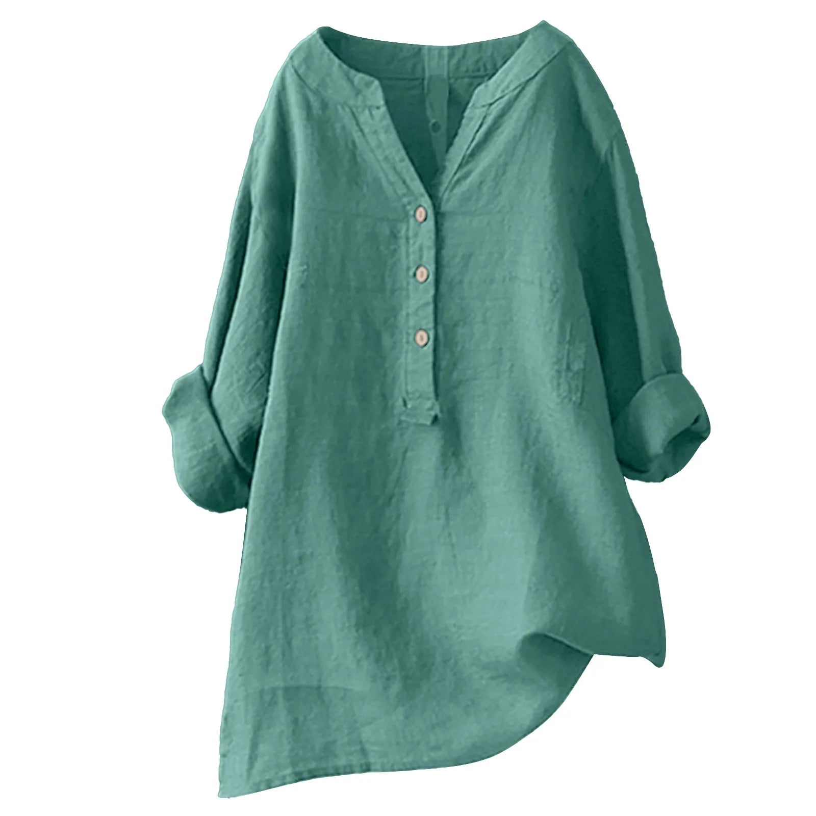 Cotton Linen Shirts Casual Loose Blouse Blended Oversize Long Sleeved V Neck Tops