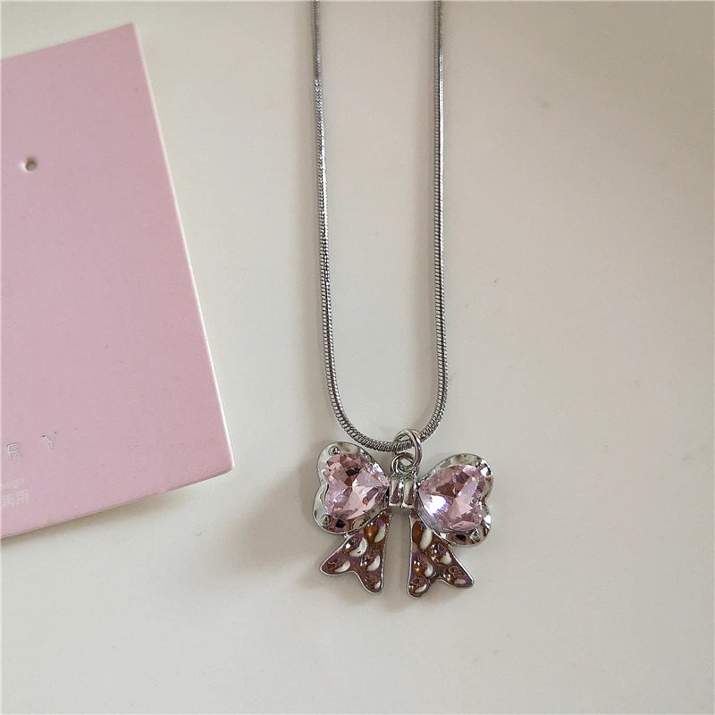 Kpop Vintage Pink Heart Bowknot Pendant Stainless Steel Snake Chain Necklace Girl Goth Y2k Aesthetic Rave Jewelry Accessories