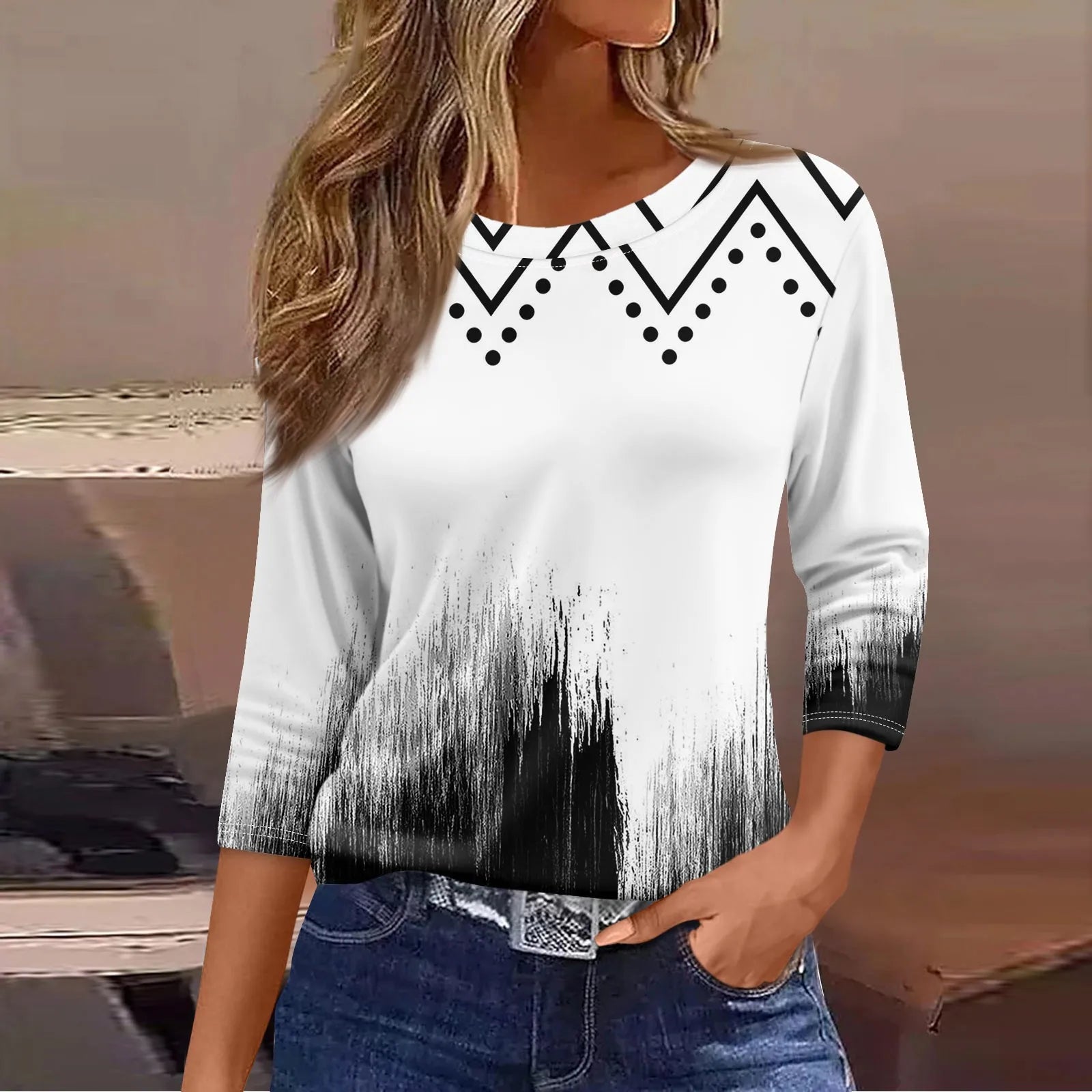 Women's Fashion Casual Round Neck 3/4 Sleeve Loose  Printed T-Shirt Ladies Top