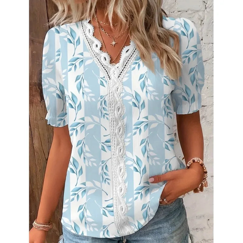 Summer V-neck Lace Patchwork Printed Shirt For Women 2024 Elegant Office Lady Short Sleeve Flower Print Pullover Blouses