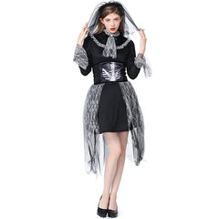 Gothic Woman Black Lace Corpse Bride Cosplay Female Halloween Skeleton Ghost Costume