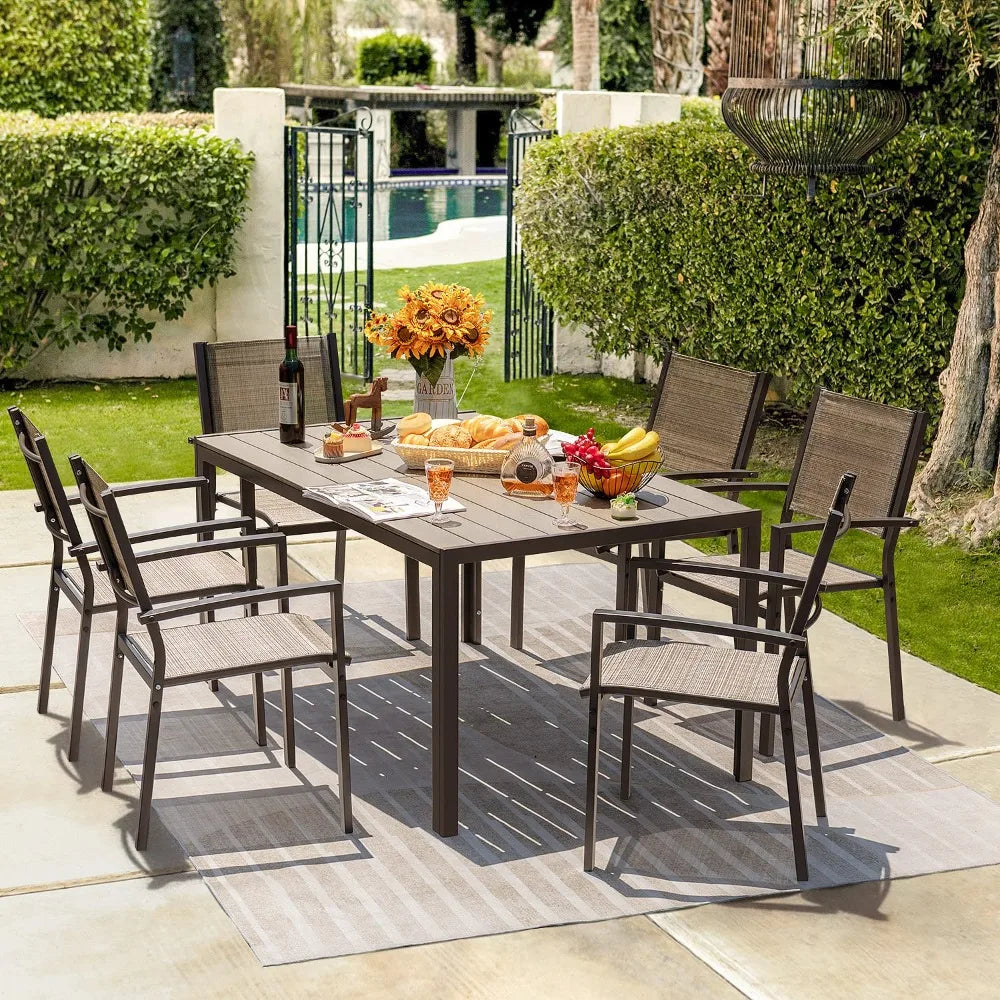 New 7 Pieces Patio Dining Set Outdoor Furniture with 6 Stackable Textilene Chairs and Large Table for Yard