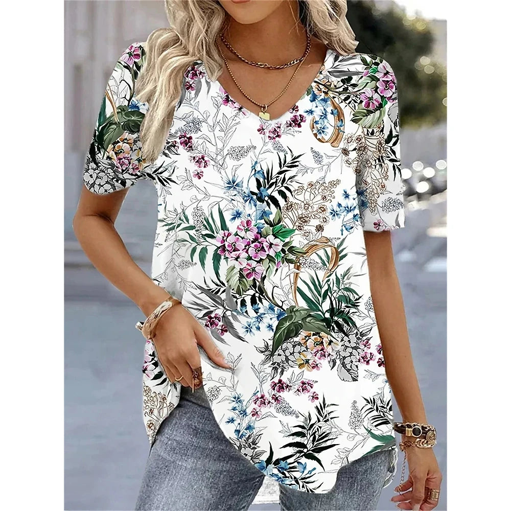 Women's T-Shirt Summer V-Neck Tee Loose Casual Top