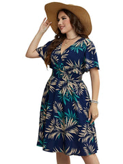 Plus Size Floral Print Wrapped V-Neck Women Dresses