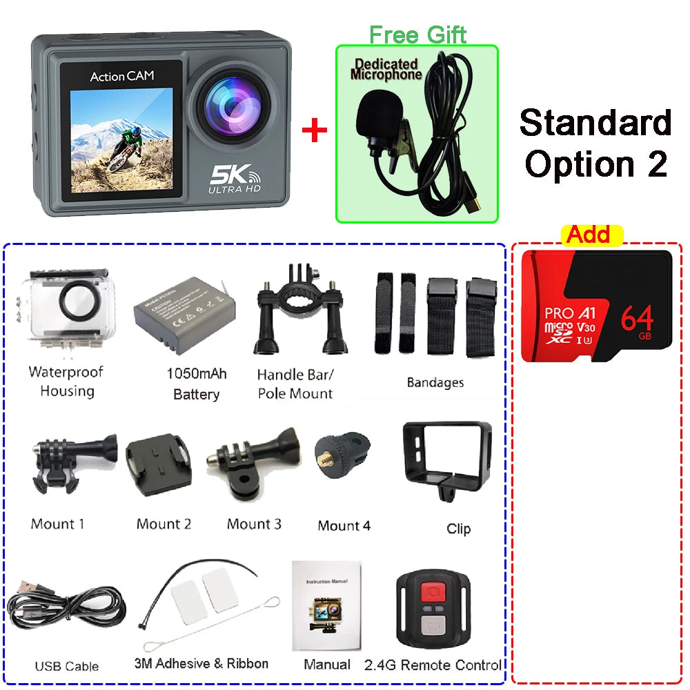 5K 4K60FPS Action Camera Dual IPS Touch LCD EIS 170° DVR 30M Waterproof 5X Zoom Sport Camera