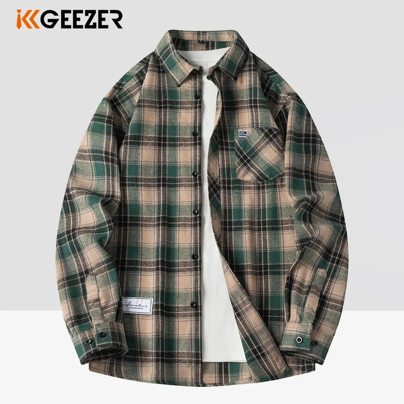 Men Shirt Plaid Flannel Long Sleeve Green Loose Mens Casual Shirt