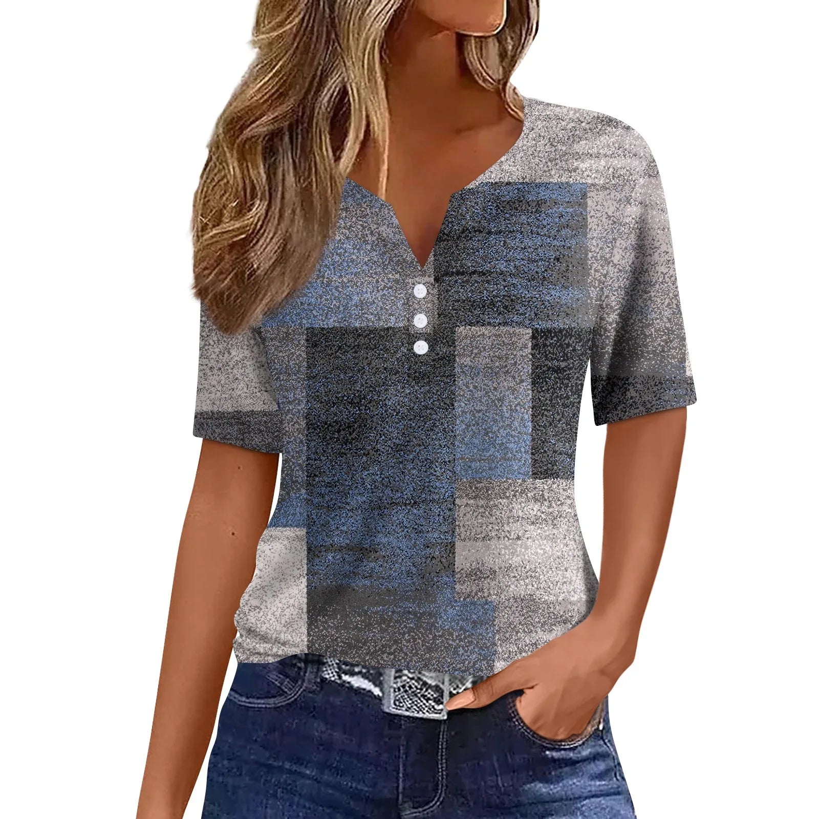 Women's Fashion Casual Geometric Printed T-Shirt V-Neck Short Sleeve Button Top Tops for Women Womens Tops and Blouses 2024