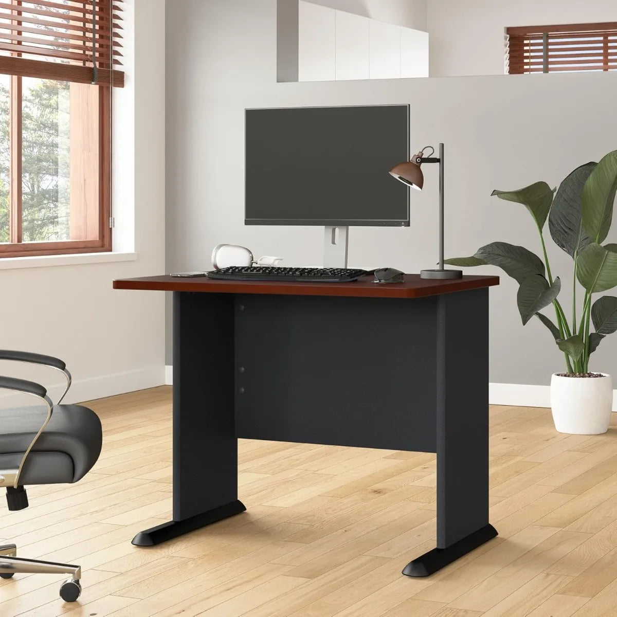 Business Furniture Series A 36W Small Desk in Hansen Cherry and Galaxy, Compact Computer Table