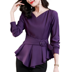 Women's Irregular Hem Elegant V-Neck Solid Color Shirt