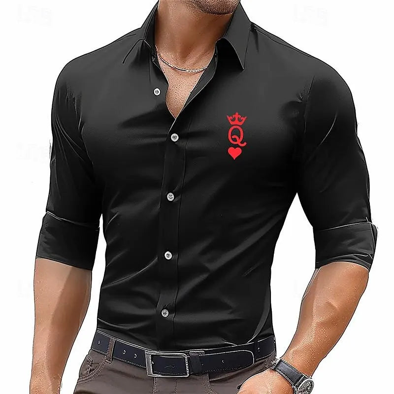 Poker business casual men's printed shirt street work casual wear spring and summer lapel long-sleeved four-way stretch shirt