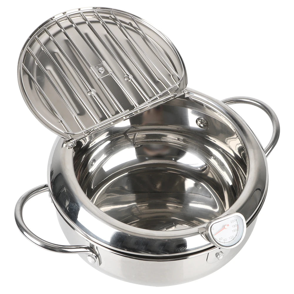 Stainless Steel 2 Handles 2.2L With Thermometer and Lid Tempura Fryer Pan Deep Frying Pot