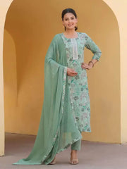 Indian Kurta Pant Dupatta Set Women Cotton Blend Round Neck Print Knee Length 3/4 Sleeve Kurti