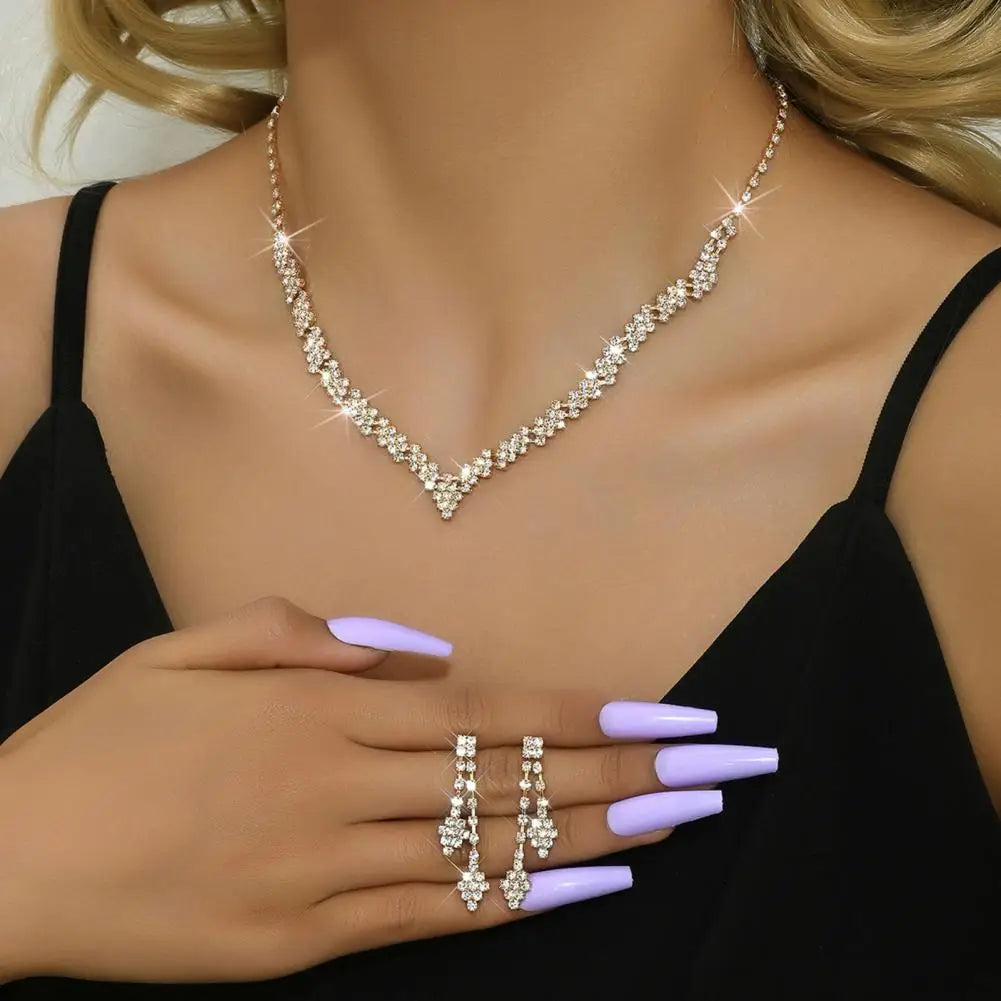 Party Jewelry Set Elegant Rhinestone Necklace Earrings Set for Women