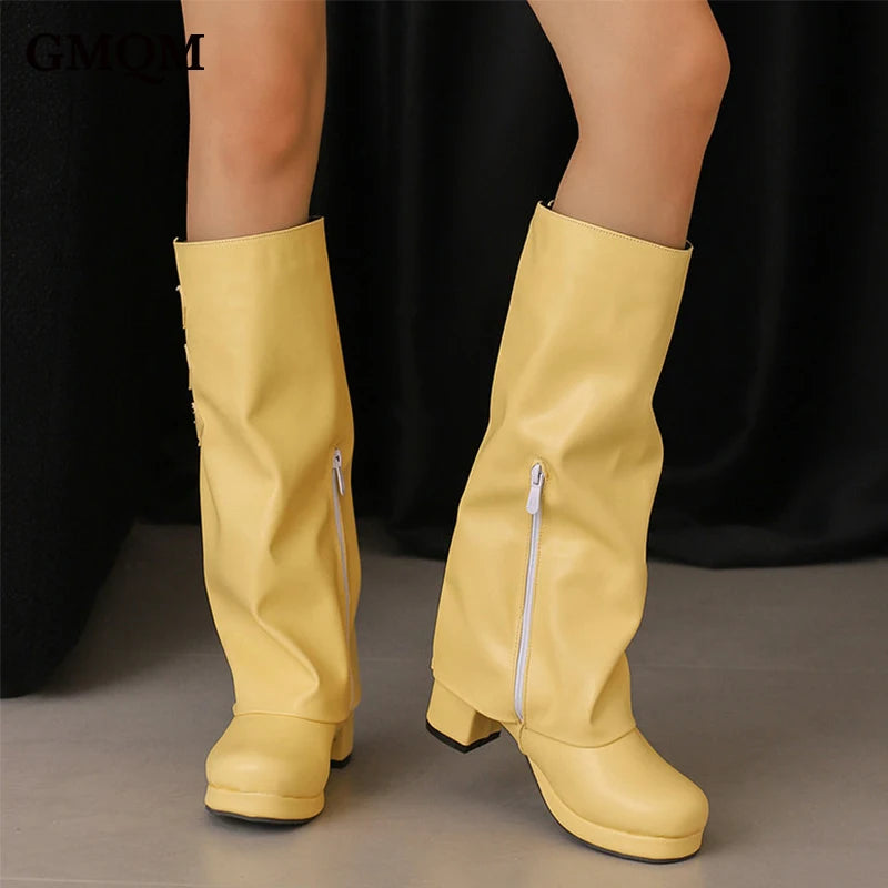 Fashion New Knee High Fold Over Boots Chunky heel Round Toe With Buckle Straps Side Zipper for Fall Winter