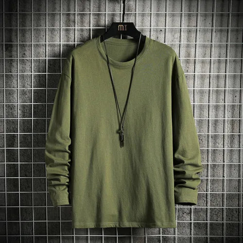 Harajuku Long Sleeve T Shirt Men Solid Color Cotton Soft O-Neck Basic Tops Tees