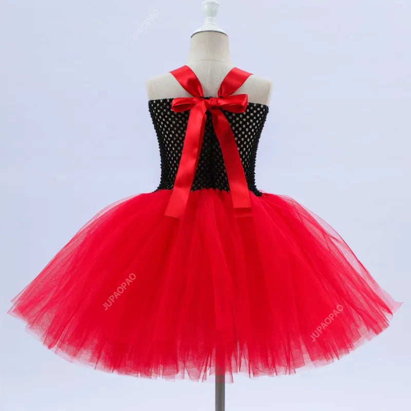 Girls Queen of Hearts Costume Kids Halloween Dress up Fancy Tutu Dress with Crown Classic Wonderland Red Queen Gown Clothes