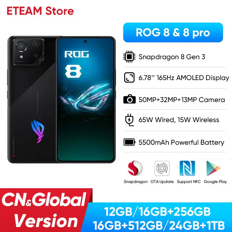 2024 New ASUS ROG 8 & 8 pro 5G Gaming Phone Snapdragon 8 Gen 3 6.78'' 165Hz AMOLED Screen 5500mAh 65W Fast Charge Global Rom