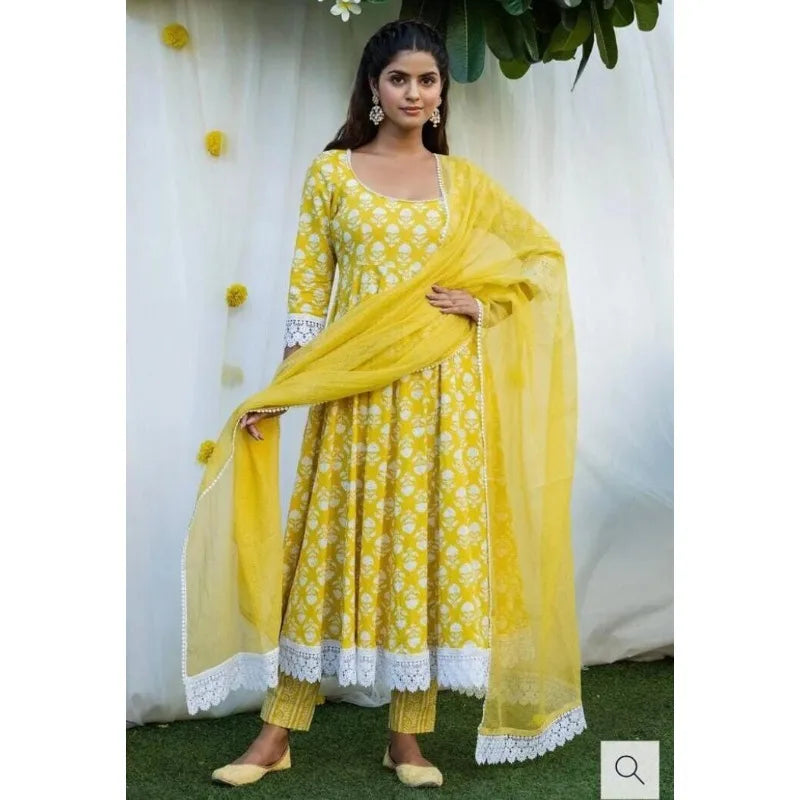 Full Seam Artificial Silk Printed Anarkali Yellow Kurti Pants and Dupatta Salwar Dress