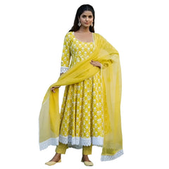 Full Seam Artificial Silk Printed Anarkali Yellow Kurti Pants and Dupatta Salwar Dress