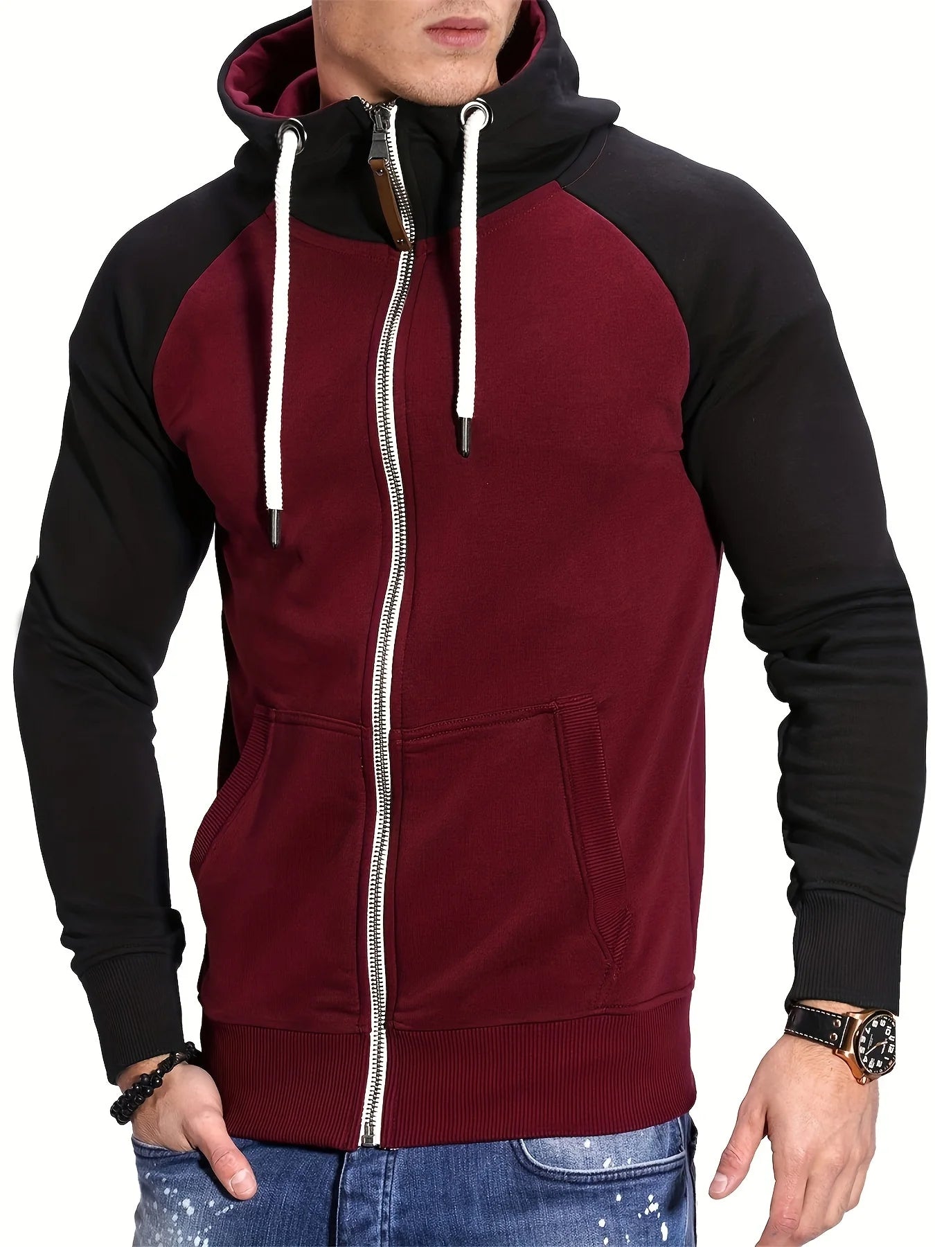 Men's Relaxed Fit Color Block Zip Up Hoodie Soft Slight Stretch Fabric Long Sleeve Placket Design