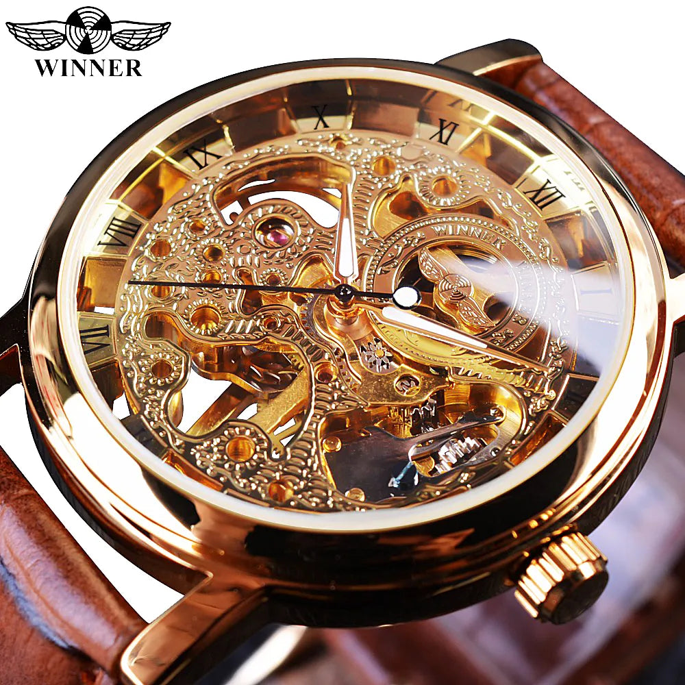 Winner Transparent Golden Case Luxury Casual Design Brown Leather Strap Mens Watches