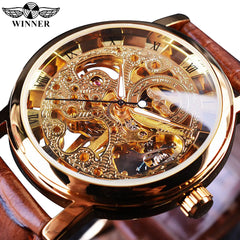 Winner Transparent Golden Case Luxury Casual Design Brown Leather Strap Mens Watches