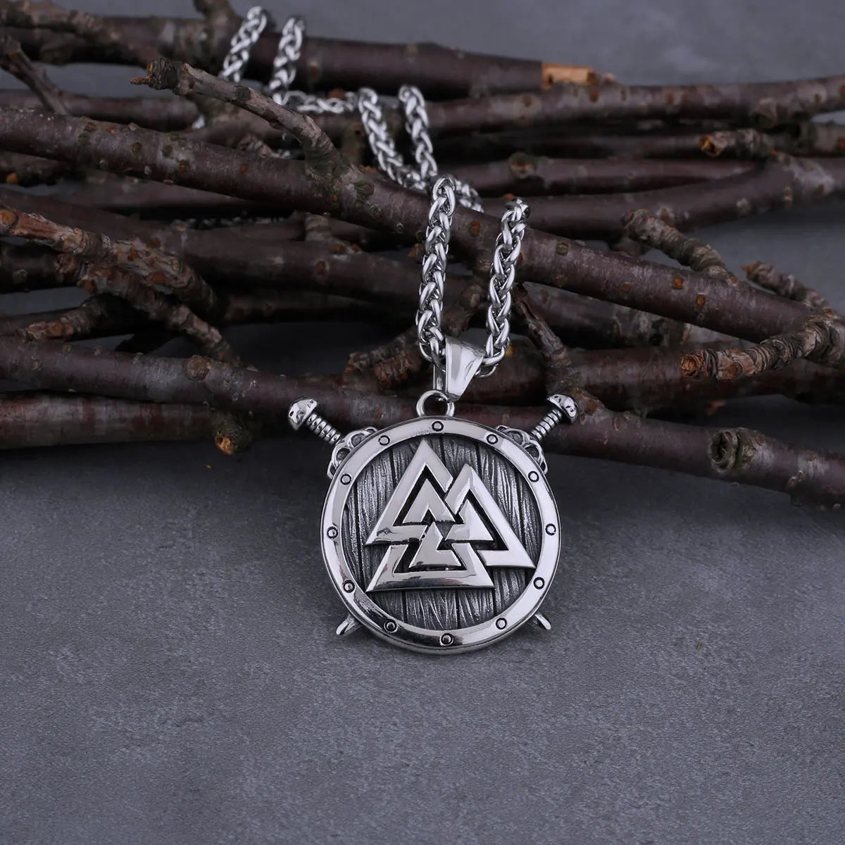 Stainless Steel Viking Valknut Sword Shield Necklace Mens Fashion Rune Amulet Pendant Necklace Vintage Nordic Jewelry Gift