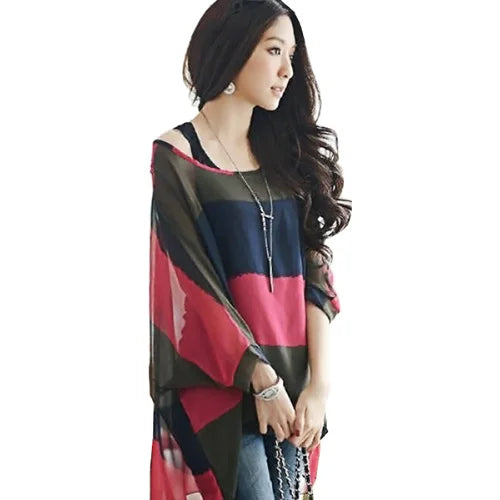 Women New Striped Print Summer Tops Tees Batwing Sleeve Casual Chiffon Blouses