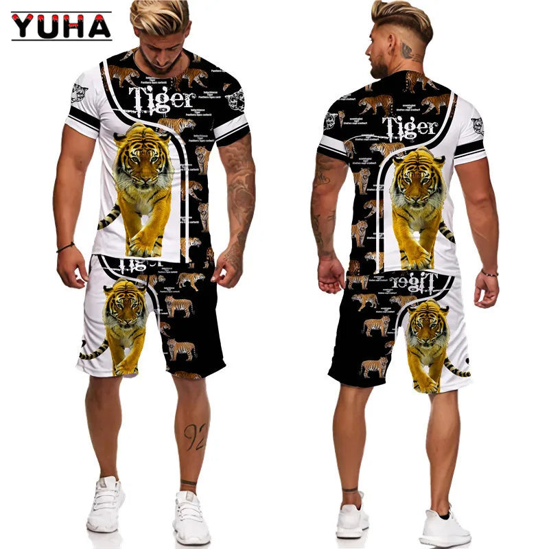 YUHA,Tiger King 3D Printed Men's T-shirt+Shorts Suit Unisex Cool Animal Summer O-Neck Tops