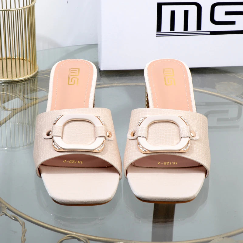 High-heeled women's slippers Summer of new thick-heeled square buckle plus size sandals wear high-value women's shoes