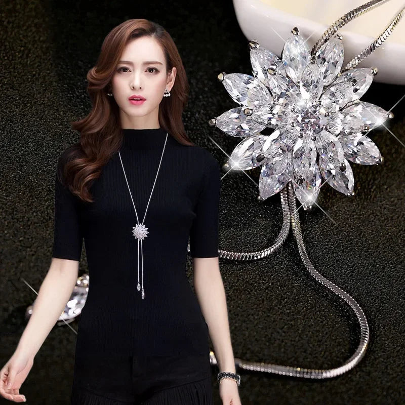 Snowflake Zircon Long Chain for Women Fashion Silver Color Crystal Maxi Necklaces & Pendants