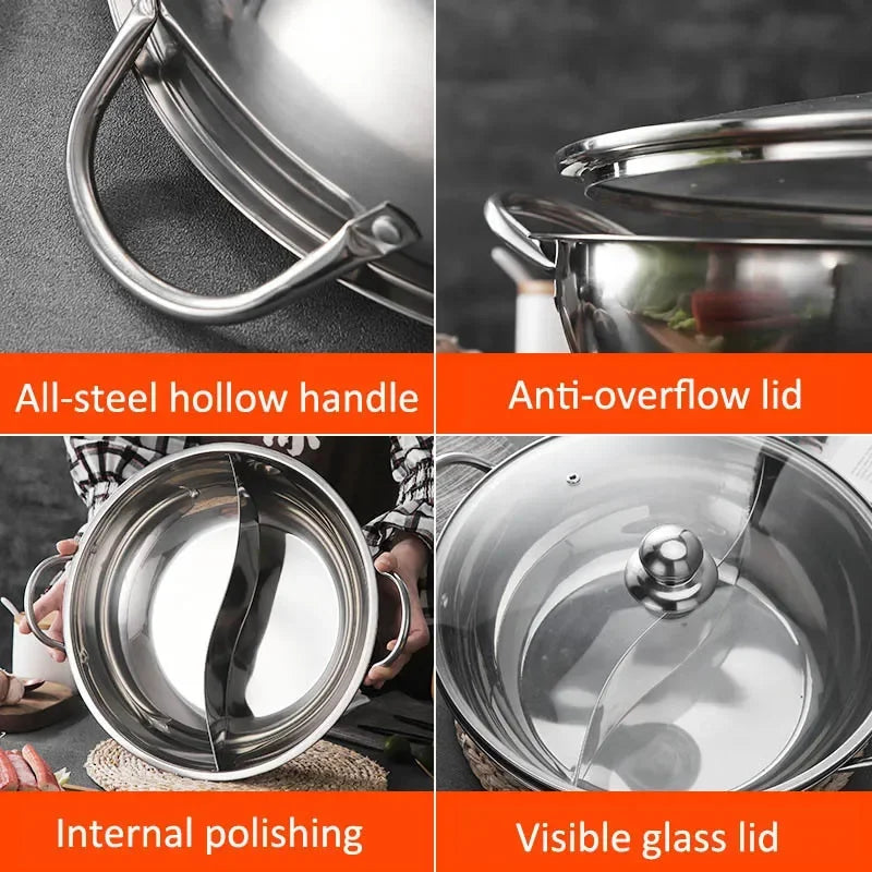 Hot Pot with Lid Thicken Stainless Steel 2 In 1 Divided Hotpot Kitchen Cooking Pan