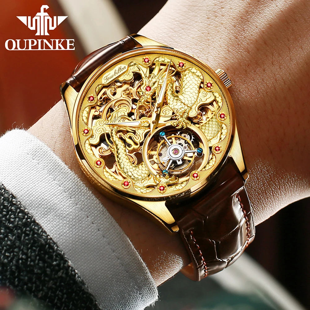 OUPINKE Tourbillon Automatic Men's Watch Skeleton Gold Watch