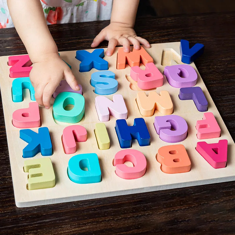 Wooden Puzzle Montessori Toys for Baby Alphabet Number Shape Matching Games