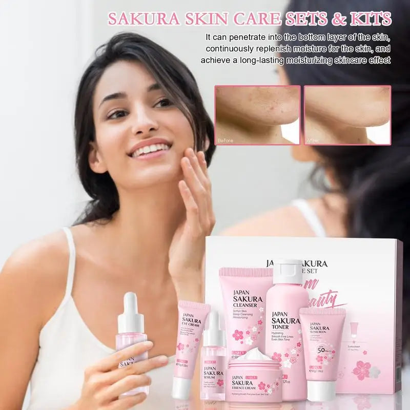 Face Skin Care Set Cleanser Sakura Essence Cream Moisturizing Whitening Anti-Aging Toner Eye Cream Face Serum Eye