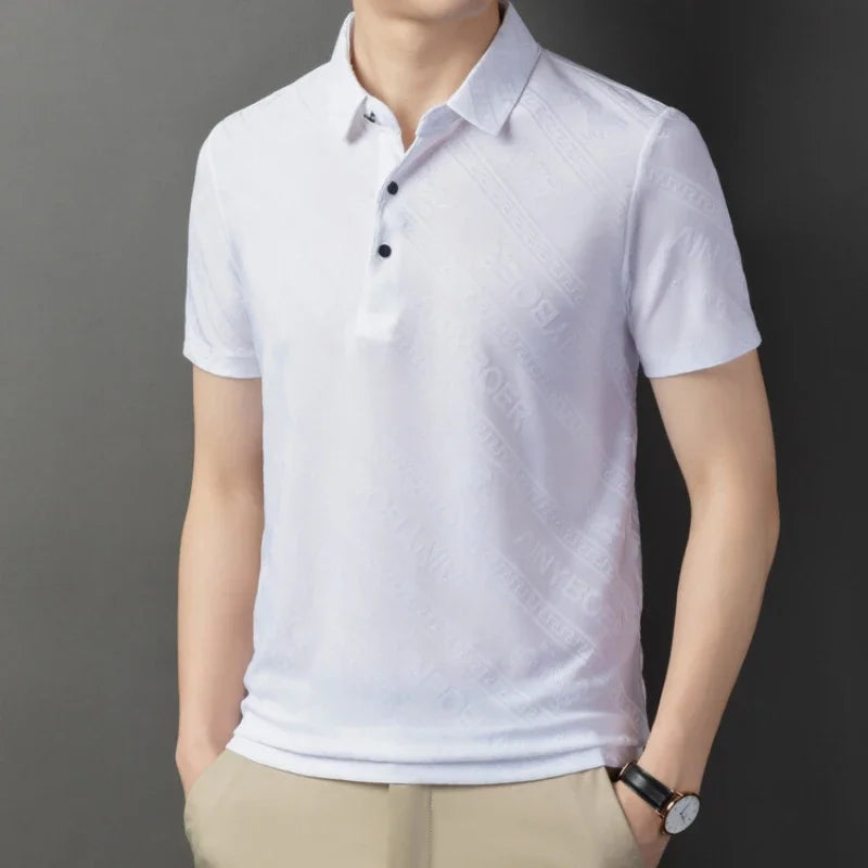 New Summer Popular Ice Silk Jacquard Polo Neck T-shirt Thin High End Trendy Men's Casual T-shirt Polo