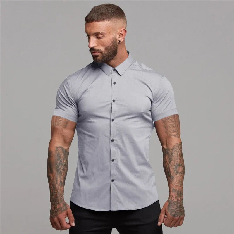 Men's Summer Business Shirt Short Sleeve Turn-down Collar Tuxedo Shirt Fashion Super Slim Fit Male Social Dress Shirt