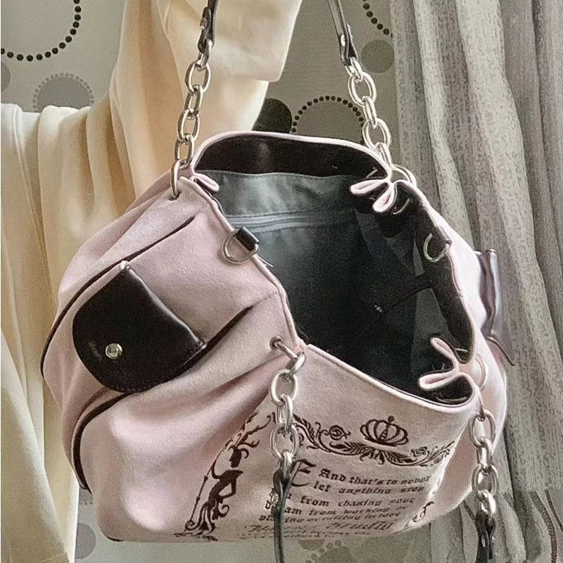 Women's Embroidery Y2k Shoulder Bag Large Capacity Gothic Pink Tote Handbag