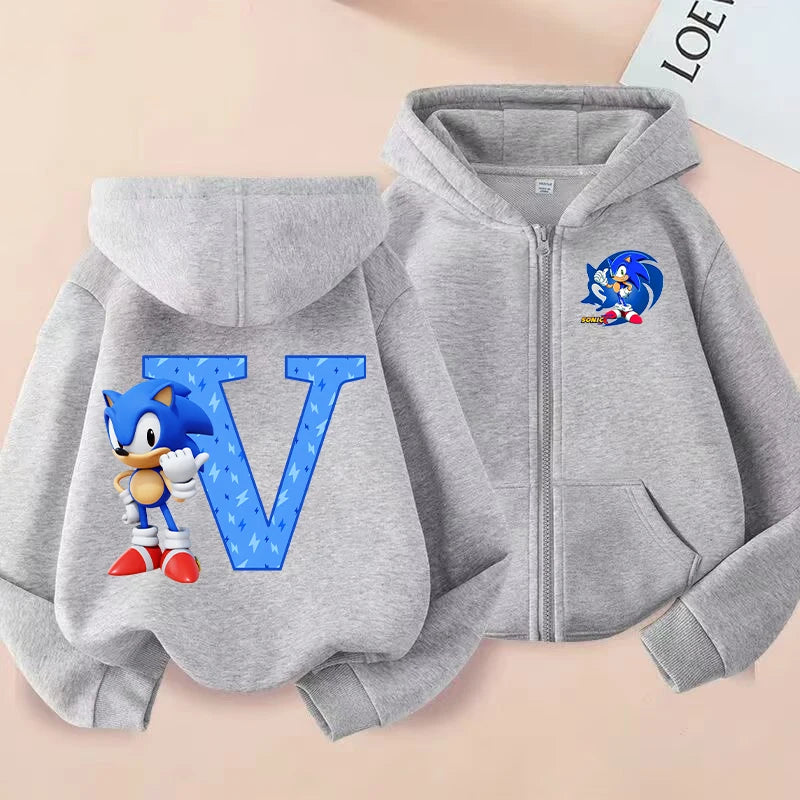 New Sonics Boys Zip-up Hoodies Kids Anime Hoodie Cartoon Letter Printed Tops Winter Warm Jacket Coat Autumn Children Clothing