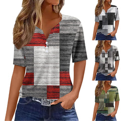 Women's Fashion Casual Geometric Printed T-Shirt V-Neck Short Sleeve Button Top Tops for Women Womens Tops and Blouses 2024