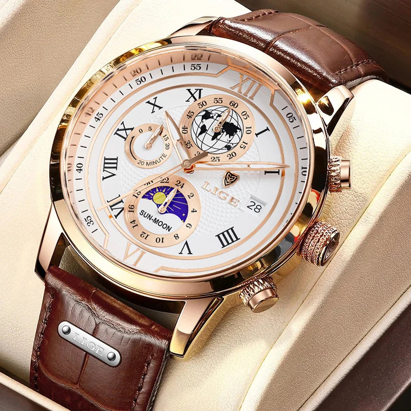 LIGE Business Mens Watches Top Brand Luxury Leather Casual Quartz Moonswatch for Men