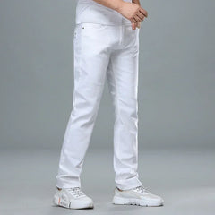 Classic Style Men's Regular Fit White Jeans Business Smart Fashion Denim Pants