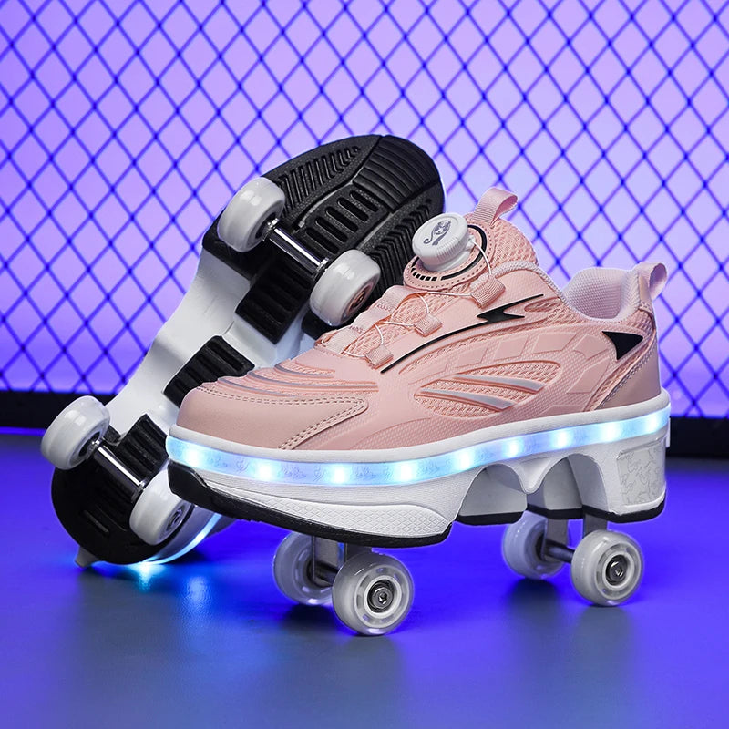 Double-Row Four-Wheel Roller Skating Shoes LED Flash Dual-Use Roller Shoes Men Women Casual Sneakers Sport Walking dog Shoes