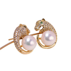 Leopard Head Zircon Pearl Earrings