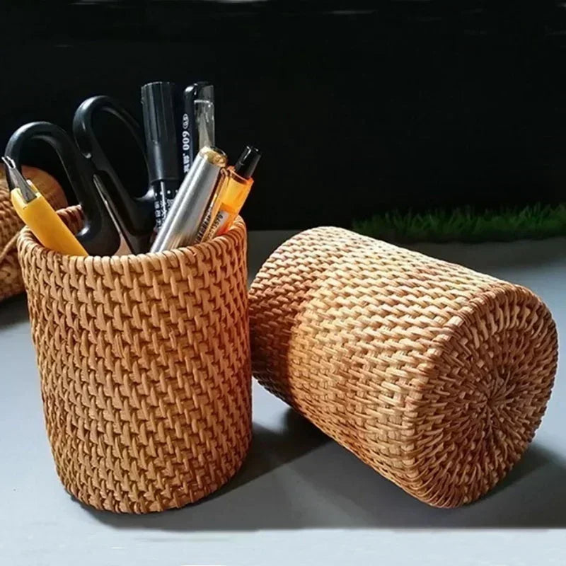 Handmade Pen Holder Hand Woven Wood Vine Rattan Stationery Container Storage Box