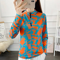 Women's Breathable Outdoor Sports Quick Dry Print Shirt Ladies Running Hiking Long Sleeve UV Clothing Camping Stand Collar Top