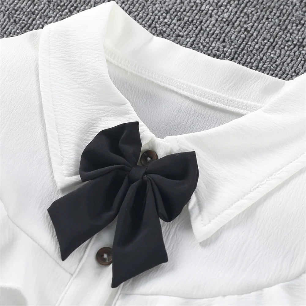 White Blouse for Big Girls Ruffle Sleeve Tops Black Bow Shirts Girls